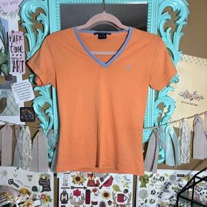 Ralph Lauren Sport Orange & Blue Trim V-Neck Short Sleeve T-Shirt Sz.XS Preppy